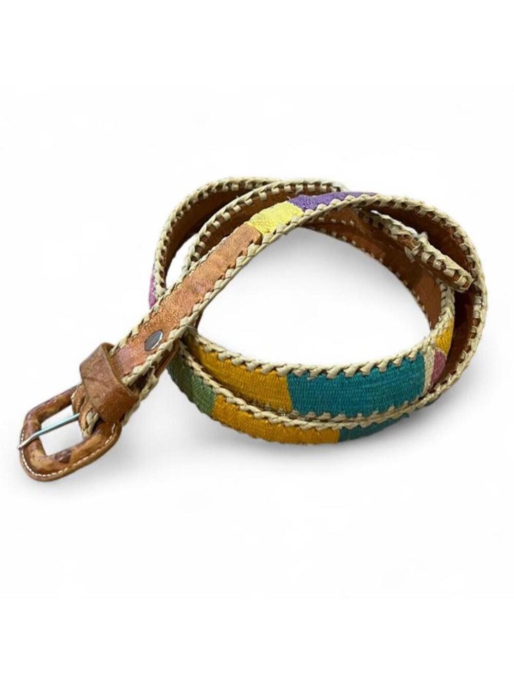Vintage Woven Leather Rainbow Patchwork Belt Boho Hippie Festival